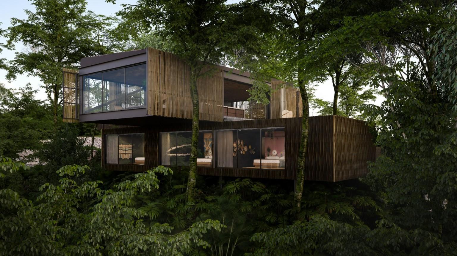 Architectural visualization of Treetops residences surrounded by tropical trees